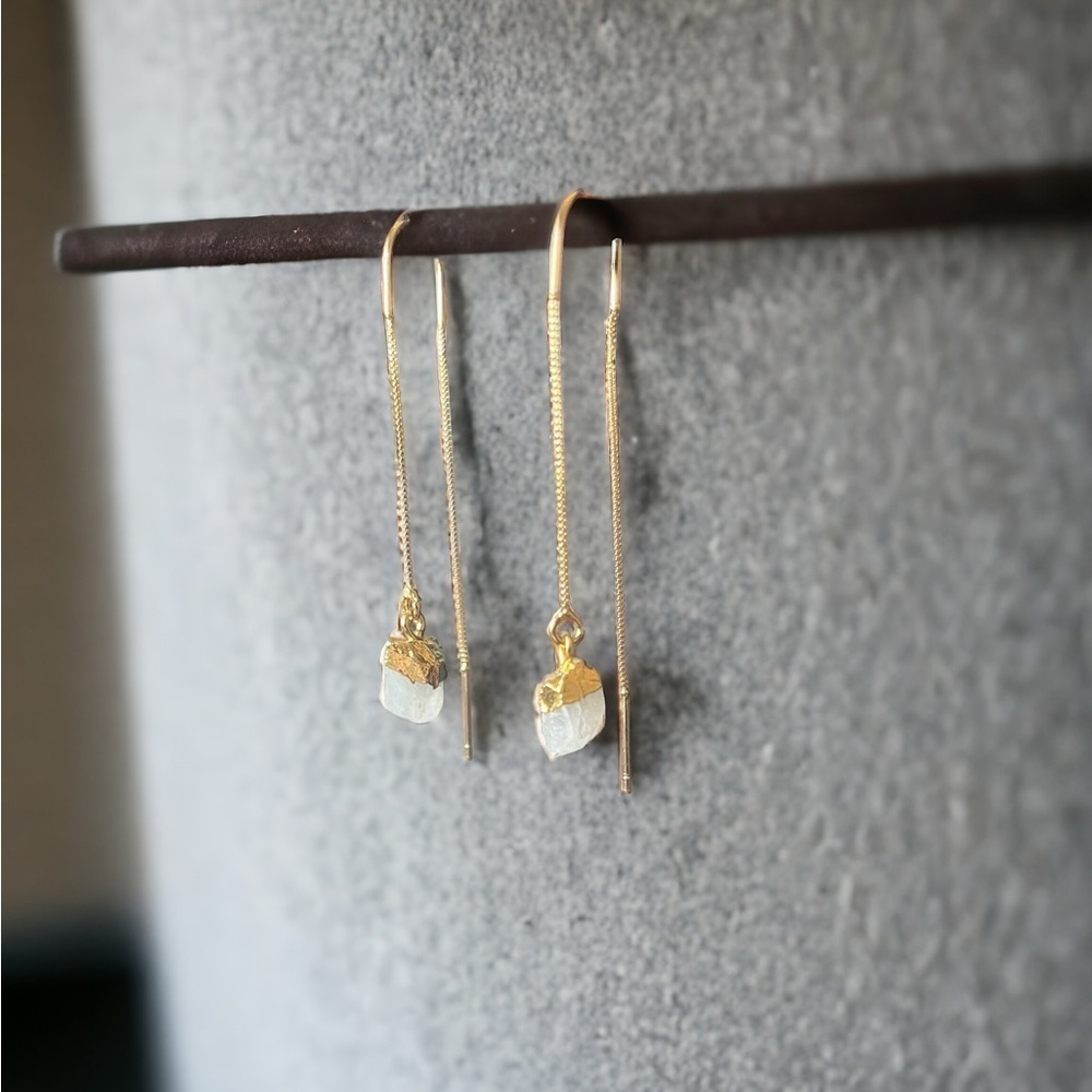 Raw Moonstone Gold Threader Earrings - Picture 2 of 3